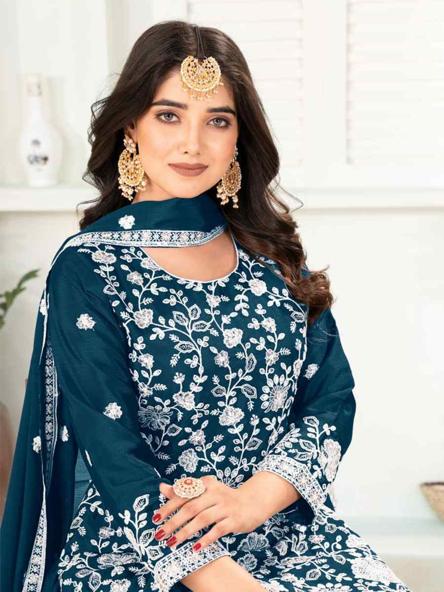 Teal Pure Heavy Chinnon Silk Embroidered Festival Casual Ready Palazzo Pant Salwar Kameez
