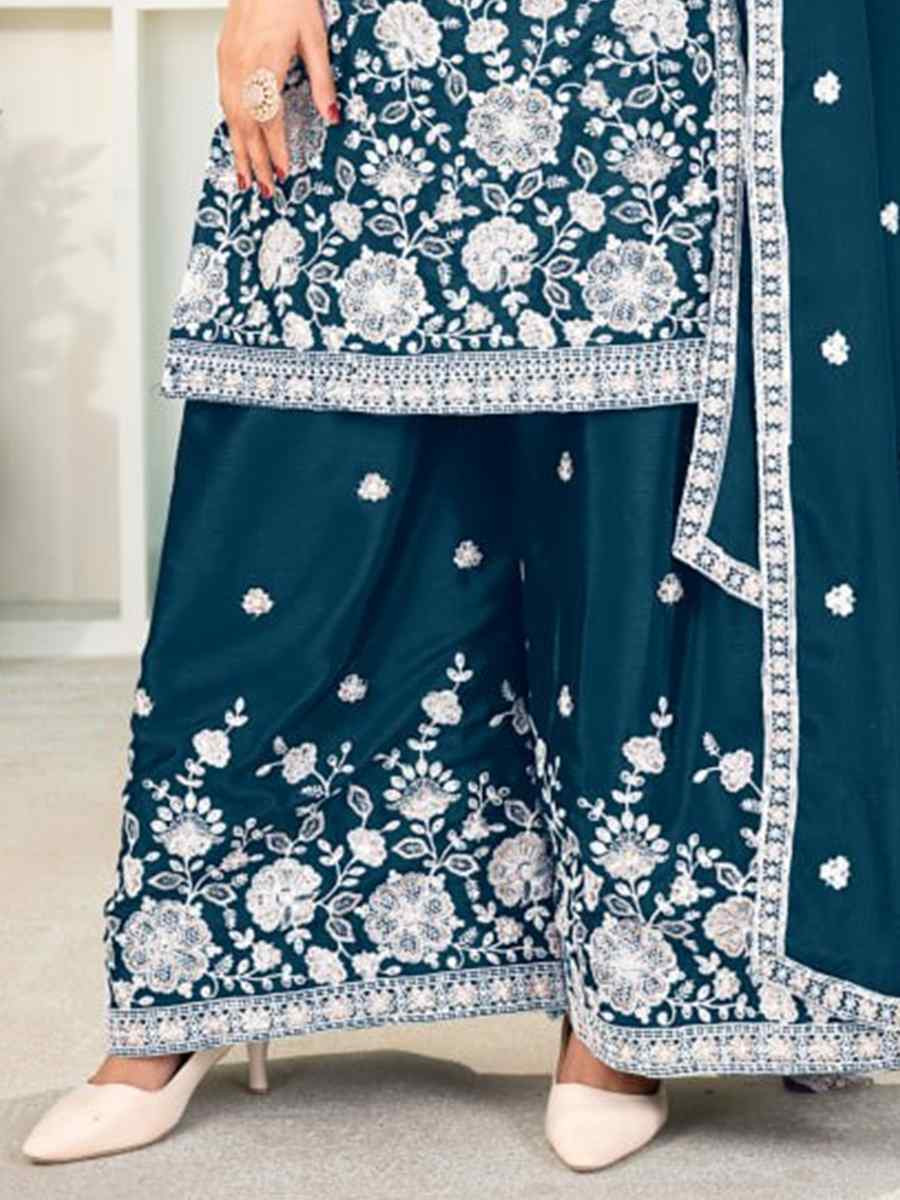 Teal Pure Heavy Chinnon Silk Embroidered Festival Casual Ready Palazzo Pant Salwar Kameez