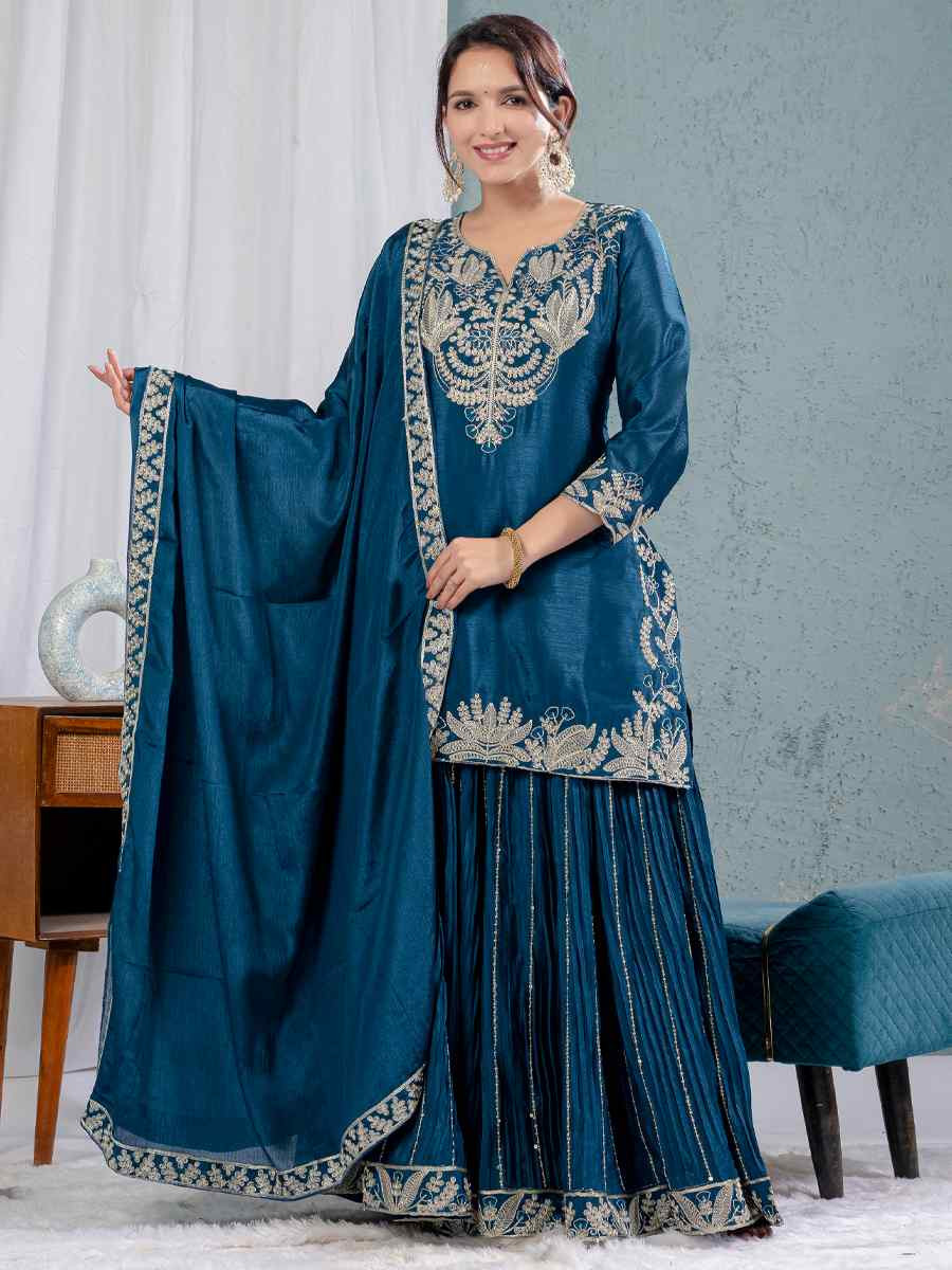 Teal Pure Heavy Chinnon Silk Embroidered Party Wedding Ready Sharara Salwar Kameez