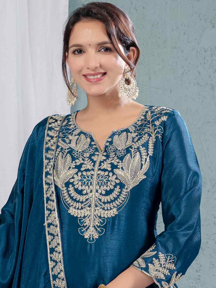 Teal Pure Heavy Chinnon Silk Embroidered Party Wedding Ready Sharara Salwar Kameez
