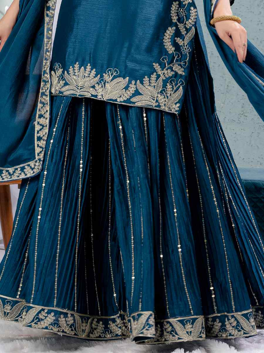 Teal Pure Heavy Chinnon Silk Embroidered Party Wedding Ready Sharara Salwar Kameez