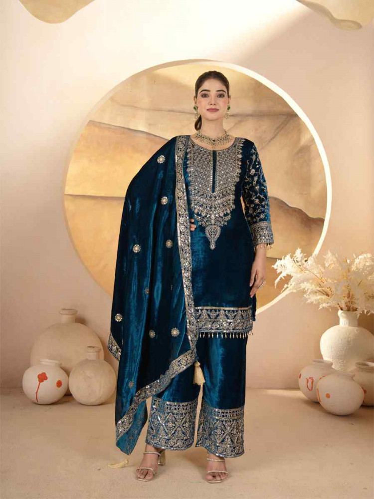 Image of Teal Pure Heavy Viscose Velvet Embroidery Party Wedding Festival Casual Ready Pant Salwar Kameez