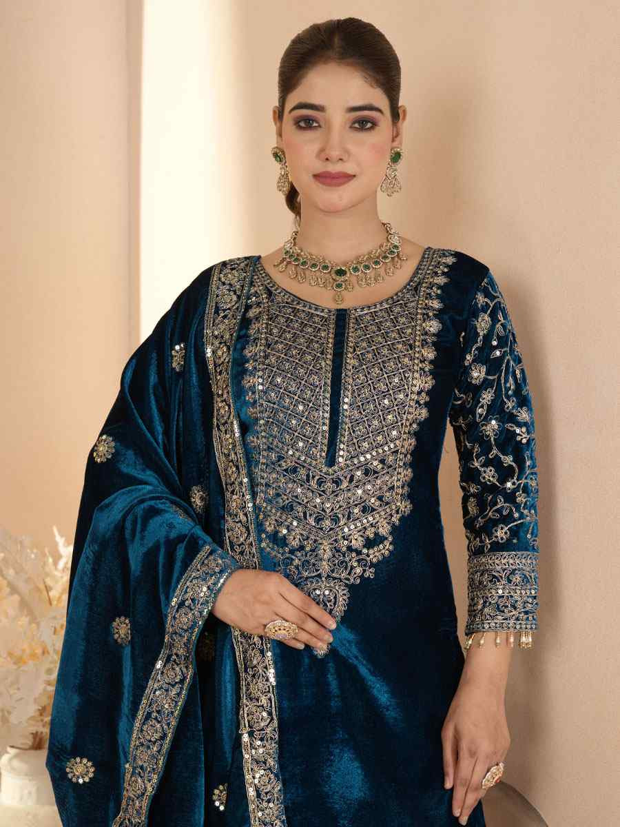 Teal Pure Heavy Viscose Velvet Embroidery Party Wedding Festival Casual Ready Pant Salwar Kameez
