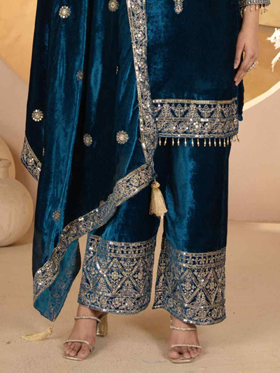Teal Pure Heavy Viscose Velvet Embroidery Party Wedding Festival Casual Ready Pant Salwar Kameez