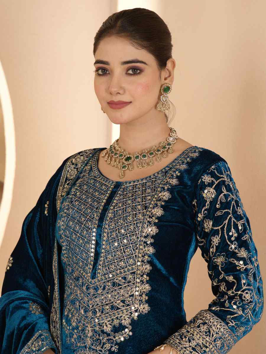 Teal Pure Heavy Viscose Velvet Embroidery Party Wedding Festival Casual Ready Pant Salwar Kameez