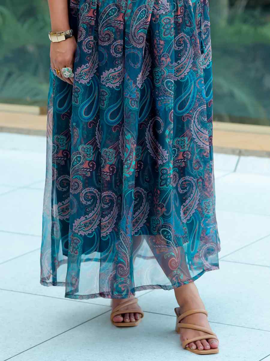 Teal Pure Organza  Printed Festival Casual Gown