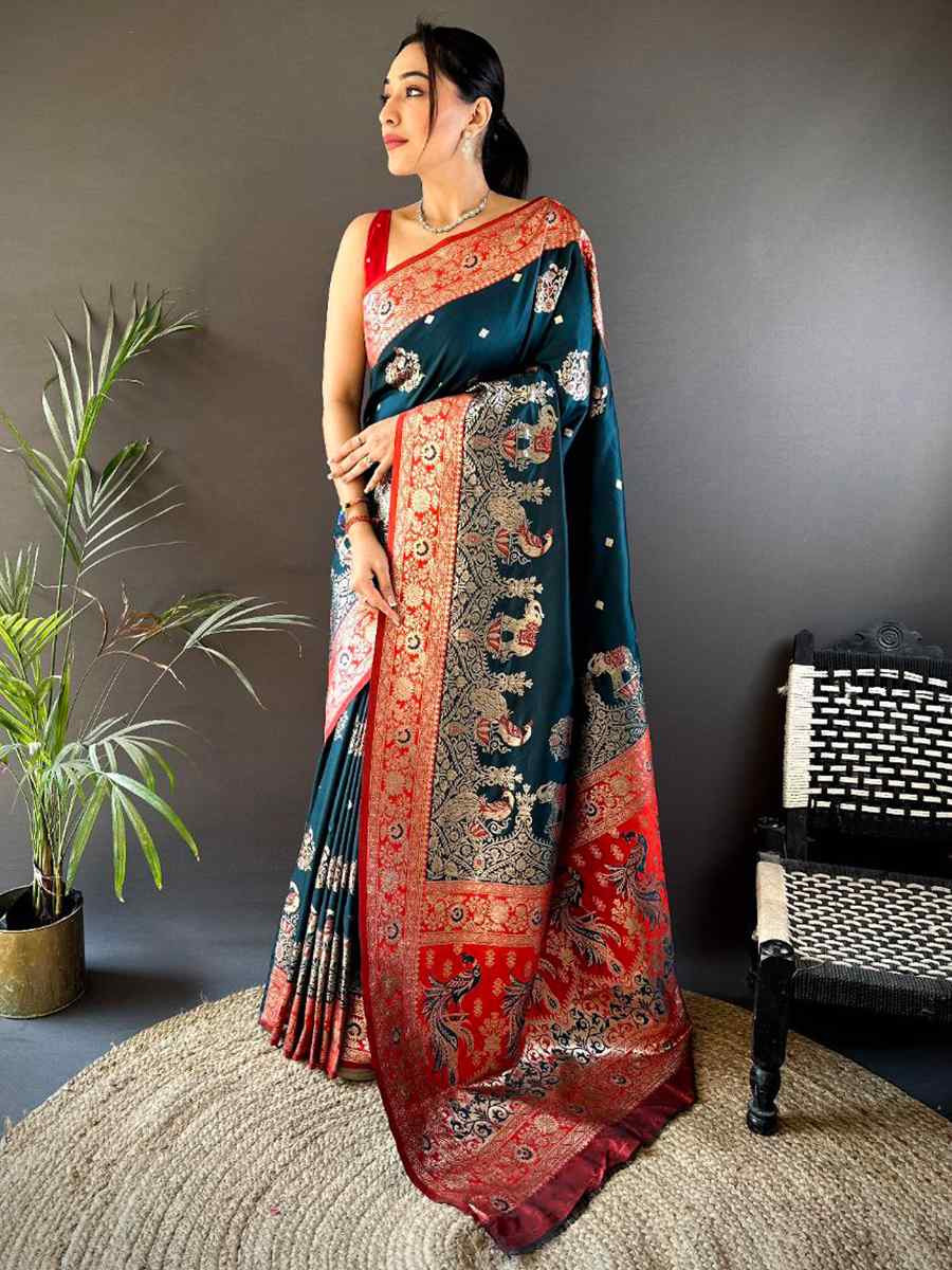 Teal Pure Paithani Banarasi Silk Handwoven Festival Wedding Fancy Heavy Border Saree
