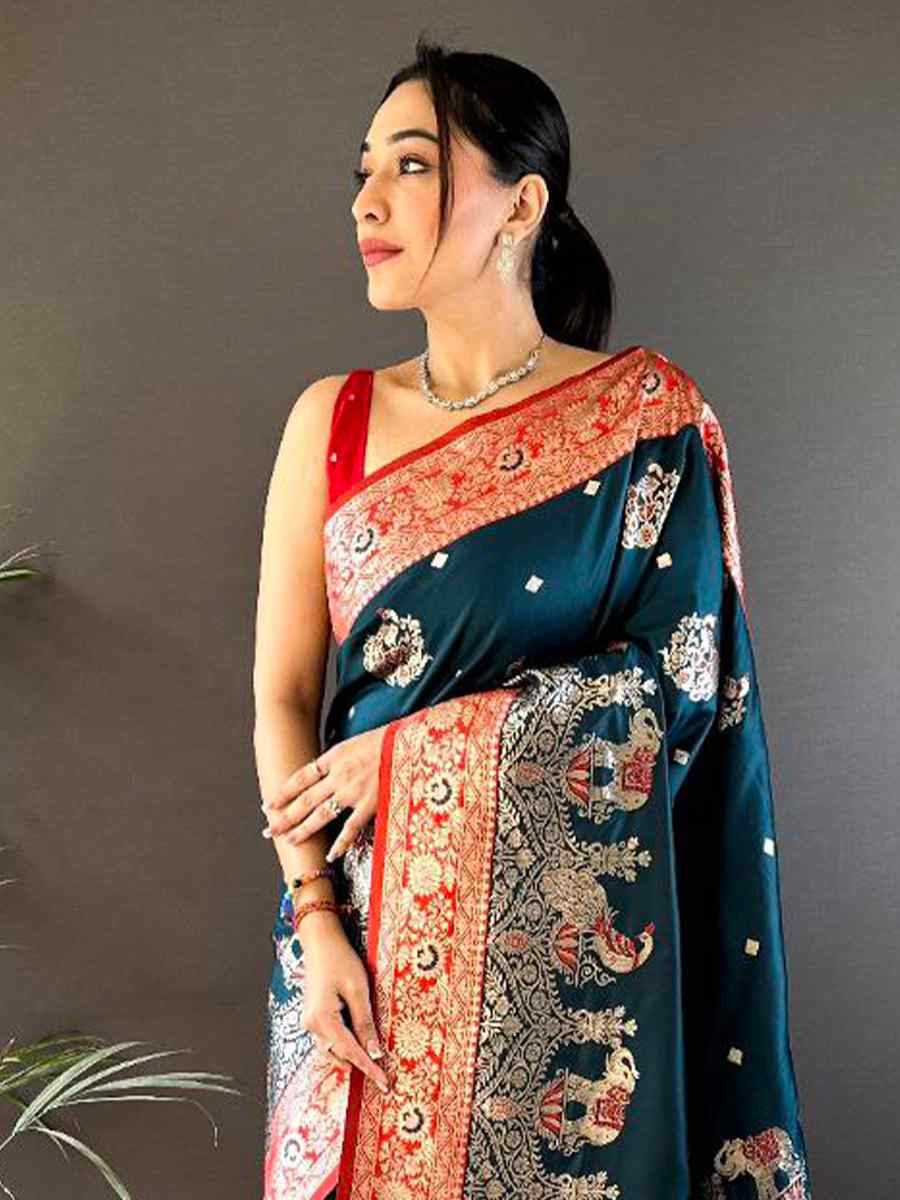 Teal Pure Paithani Banarasi Silk Handwoven Festival Wedding Fancy Heavy Border Saree