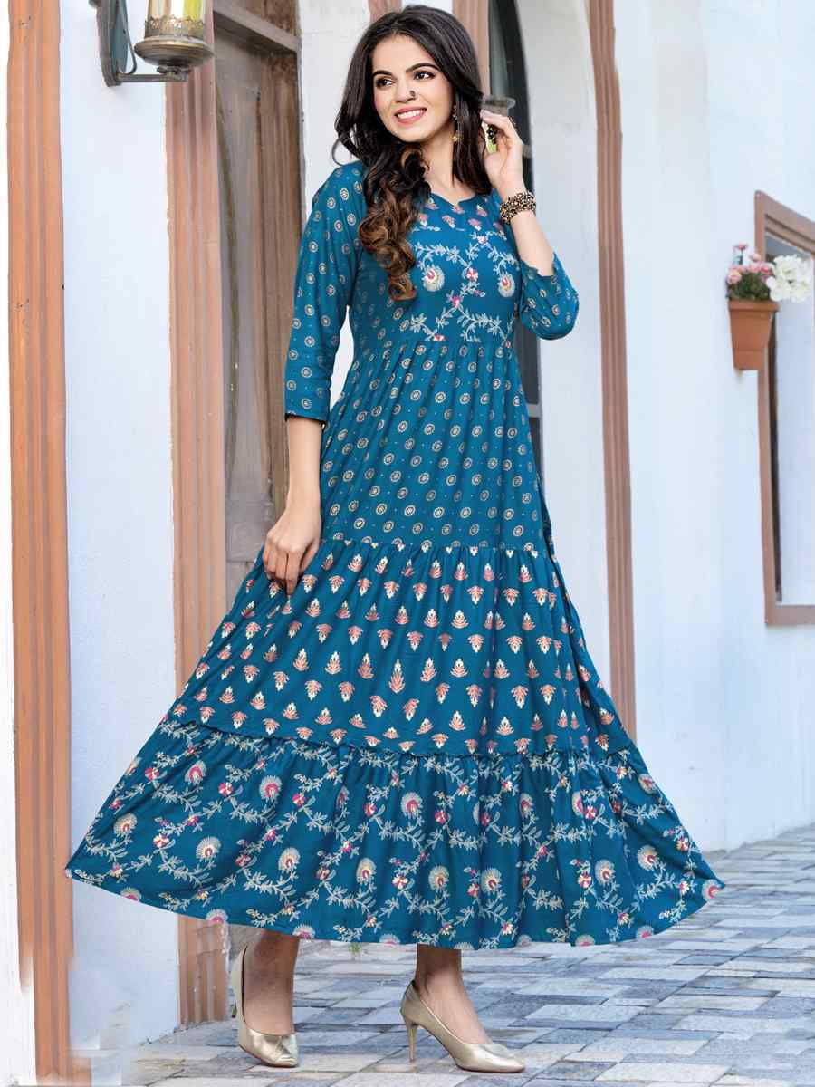 Teal Pure Rayon 14kg Printed Festival Casual Gown