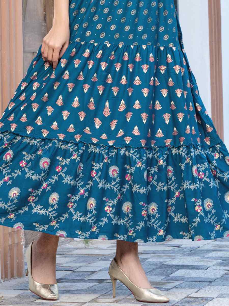 Teal Pure Rayon 14kg Printed Festival Casual Gown