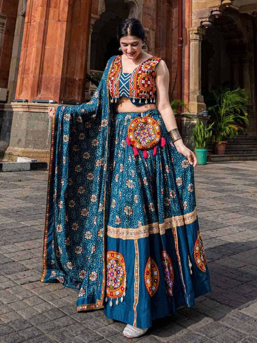 Teal Pure Rayon Printed Festival Mehendi Traditional Lehenga Choli