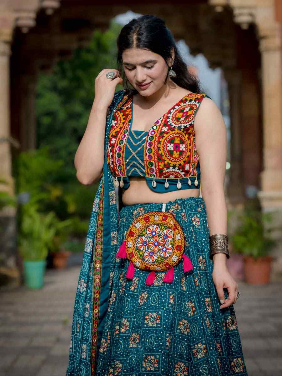Teal Pure Rayon Printed Festival Mehendi Traditional Lehenga Choli