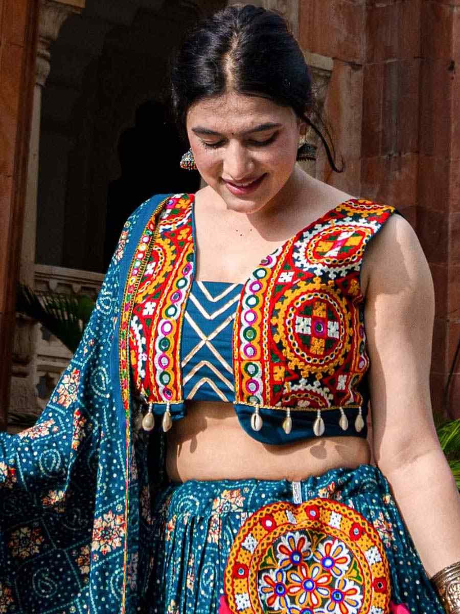 Teal Pure Rayon Printed Festival Mehendi Traditional Lehenga Choli