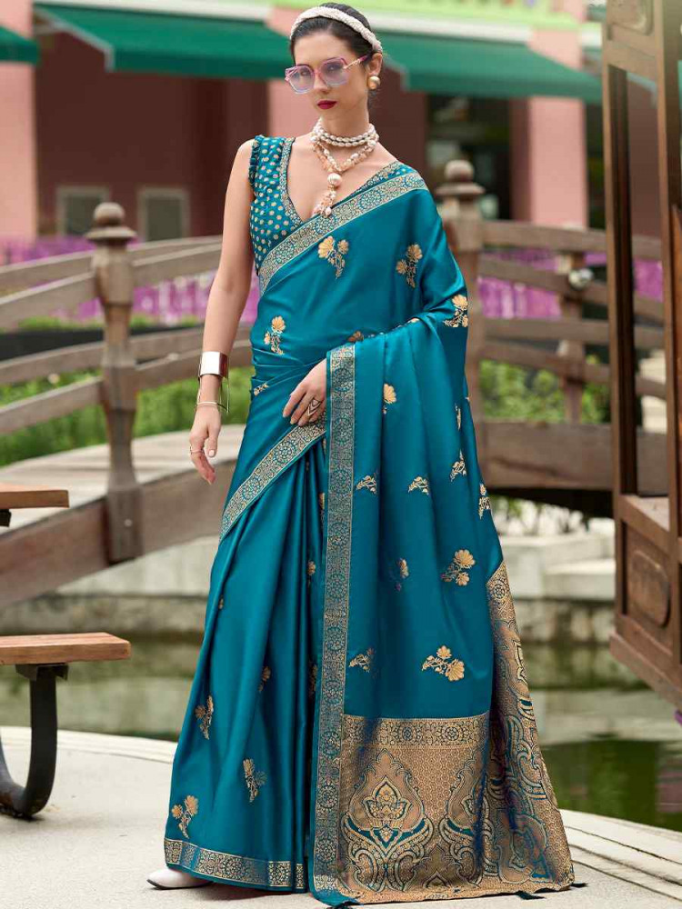Teal Pure Satin Handwoven Festival Wedding Heavy Border Saree