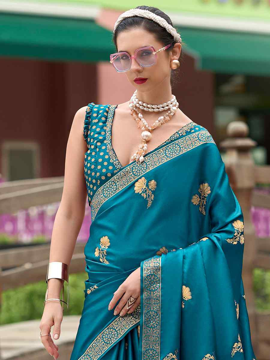Teal Pure Satin Handwoven Festival Wedding Heavy Border Saree
