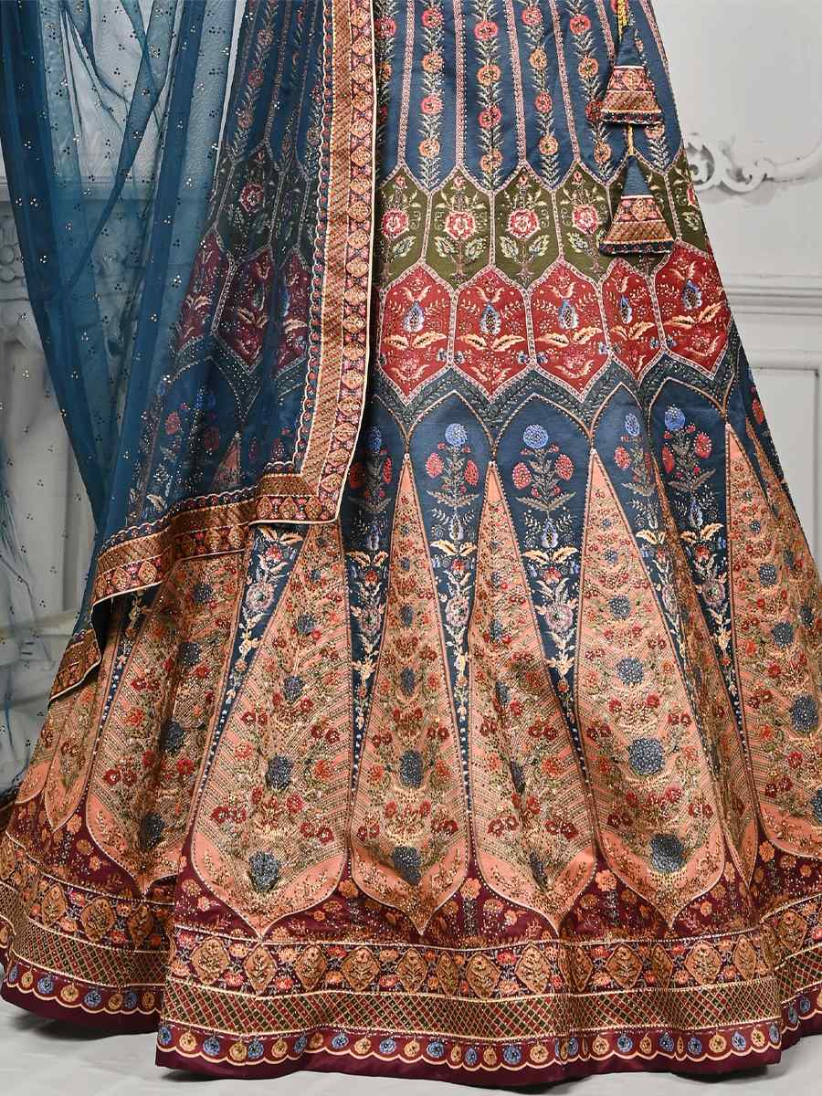 Teal Pure Satin Silk Embroidered Mehendi Festival Circular Lehenga Choli