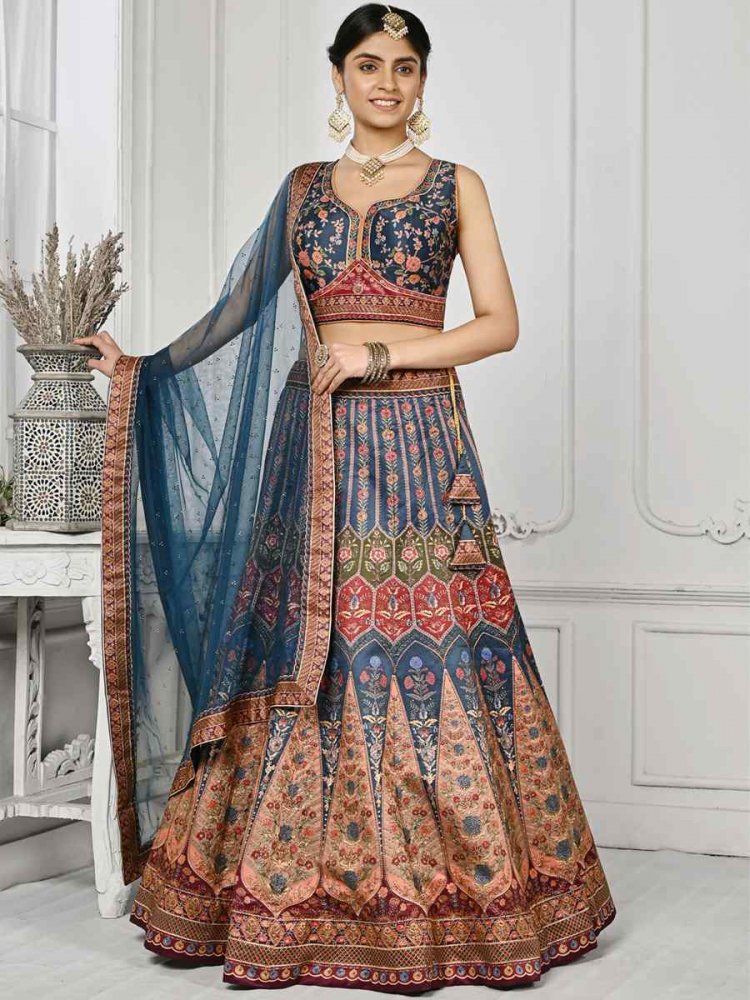 Teal Pure Satin Silk Embroidered Mehendi Festival Circular Lehenga Choli