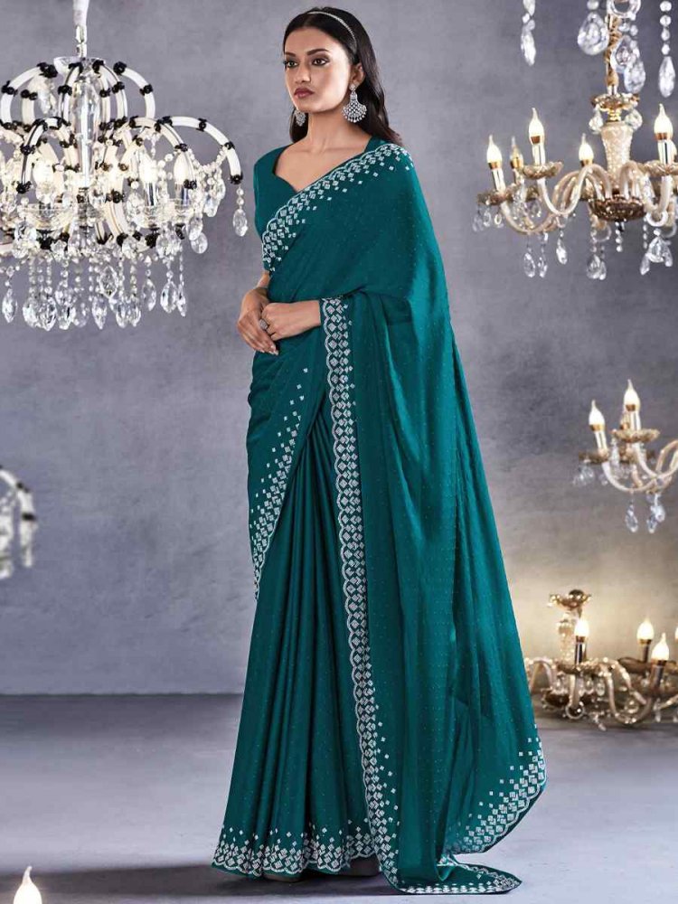 Teal Pure Satin Silk Embroidered Wedding Party Heavy Border Saree