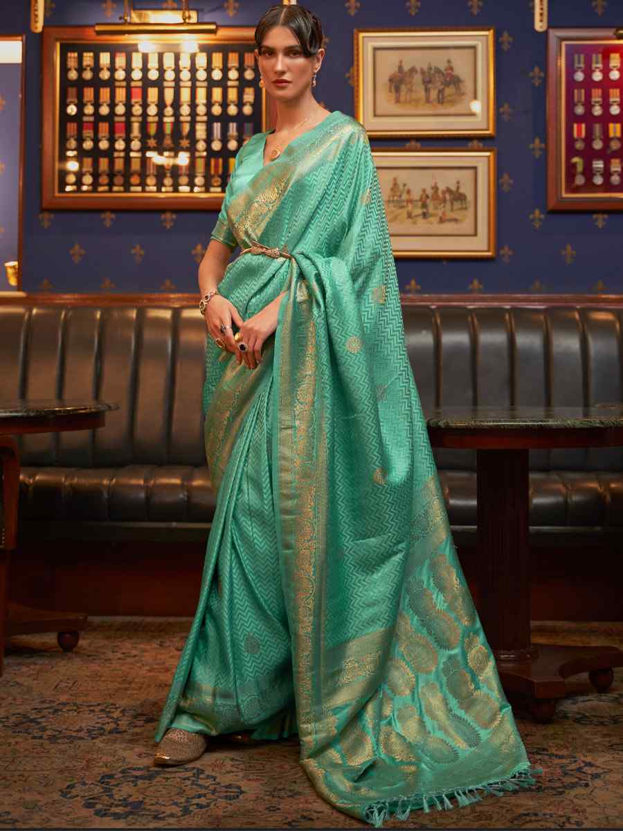 Teal Pure Satin Silk Handwoven Wedding Festival Classic Style Saree