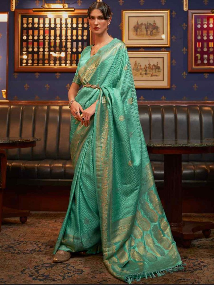 Teal Pure Satin Silk Handwoven Wedding Festival Classic Style Saree