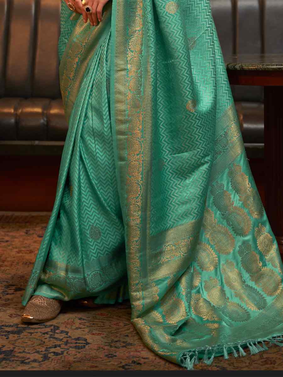 Teal Pure Satin Silk Handwoven Wedding Festival Classic Style Saree