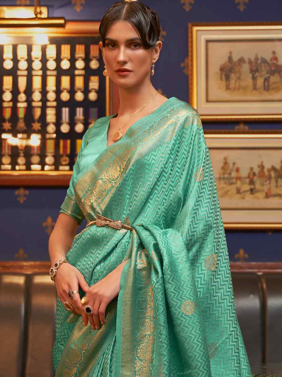 Teal Pure Satin Silk Handwoven Wedding Festival Classic Style Saree