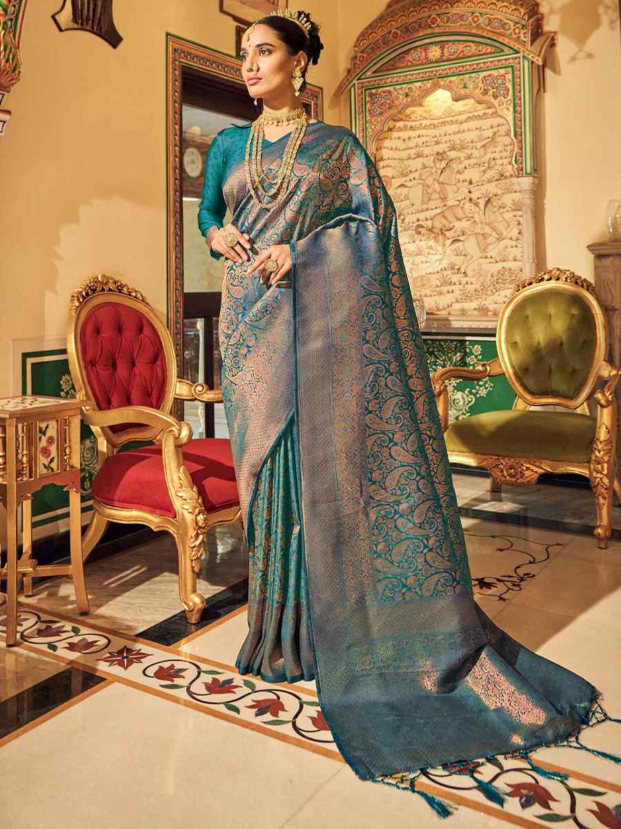 Teal Pure Silk Handwoven Wedding Festival Heavy Border Saree