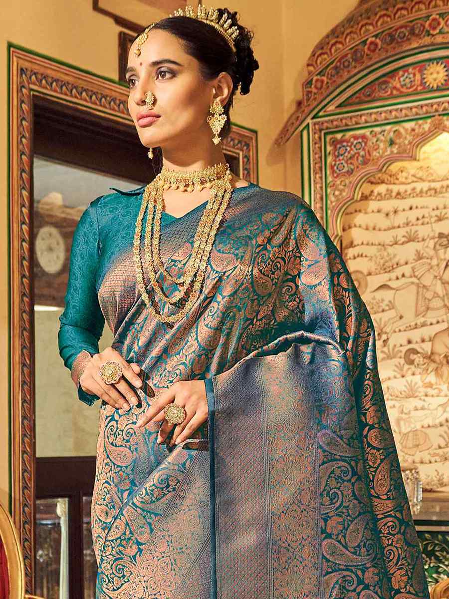 Teal Pure Silk Handwoven Wedding Festival Heavy Border Saree