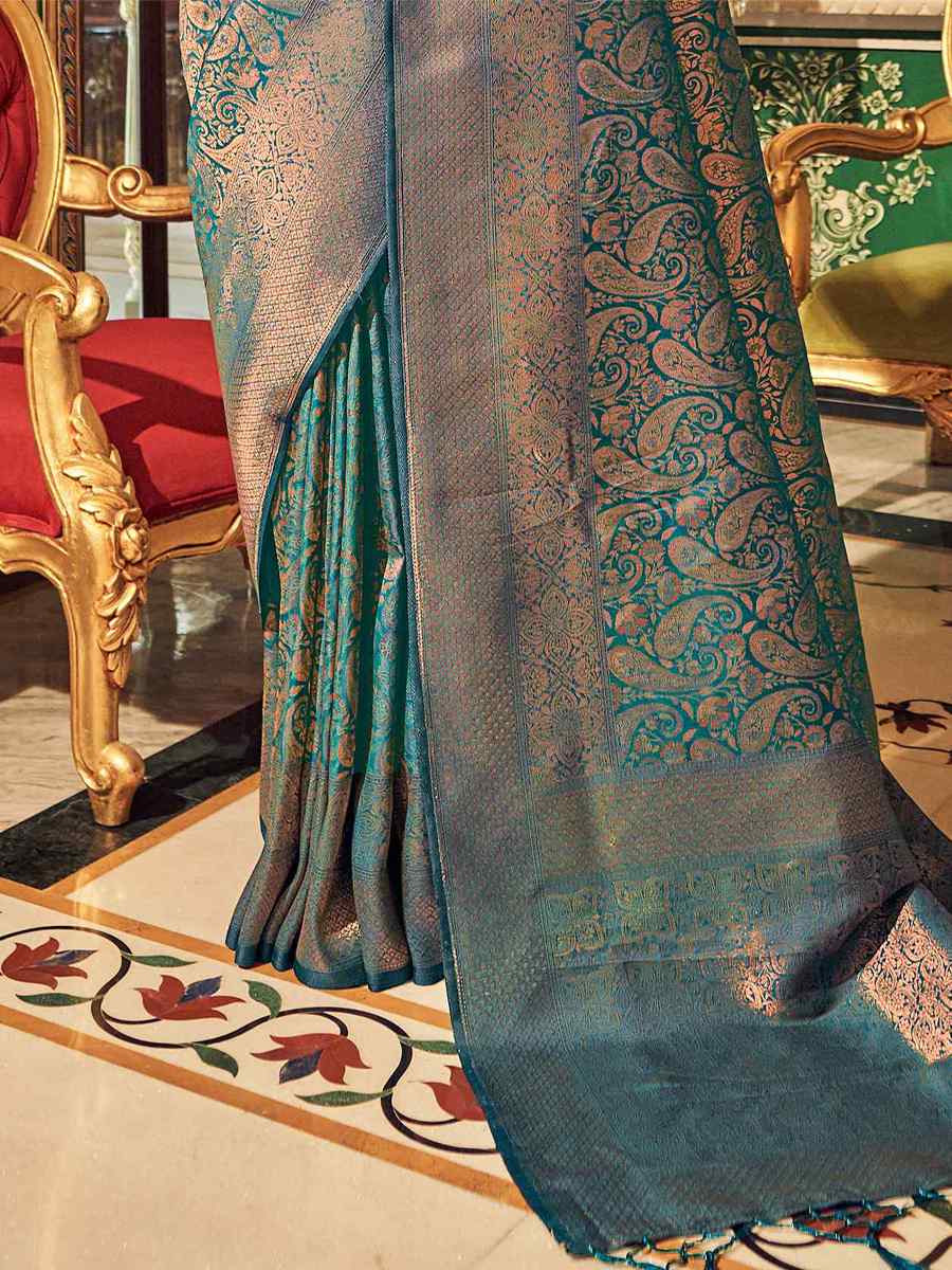 Teal Pure Silk Handwoven Wedding Festival Heavy Border Saree