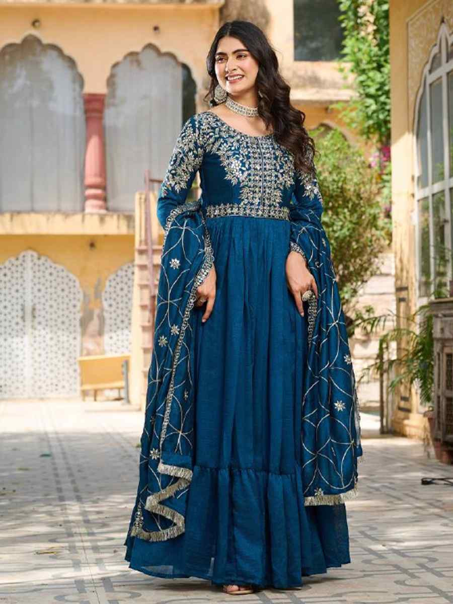 Teal Pure Vichitra Silk Embroidered Festival Casual Gown