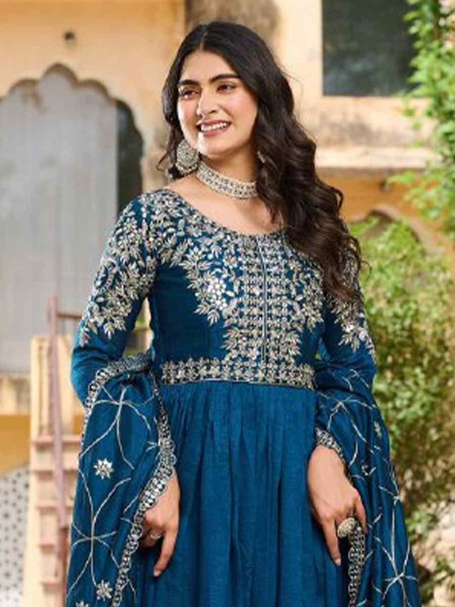 Teal Pure Vichitra Silk Embroidered Festival Casual Gown