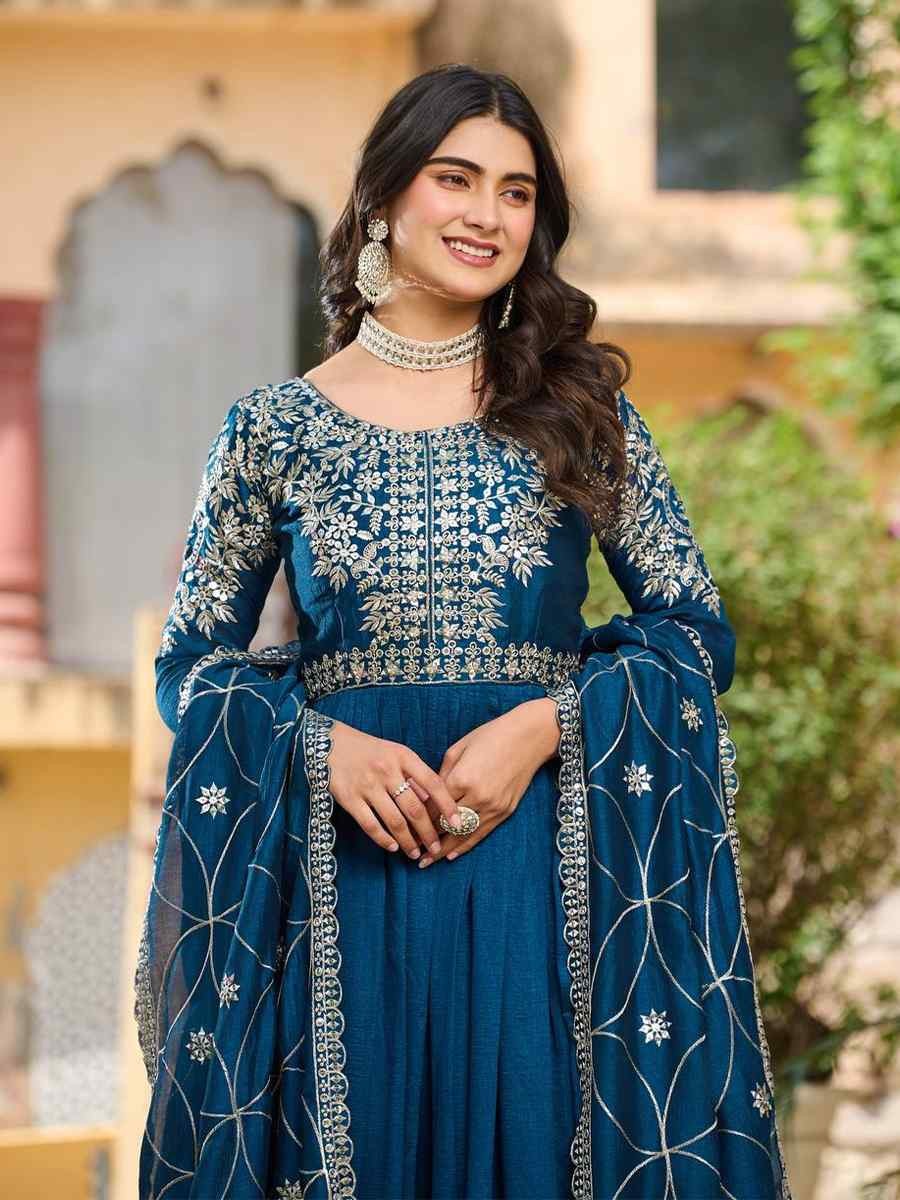 Teal Pure Vichitra Silk Embroidered Festival Casual Gown