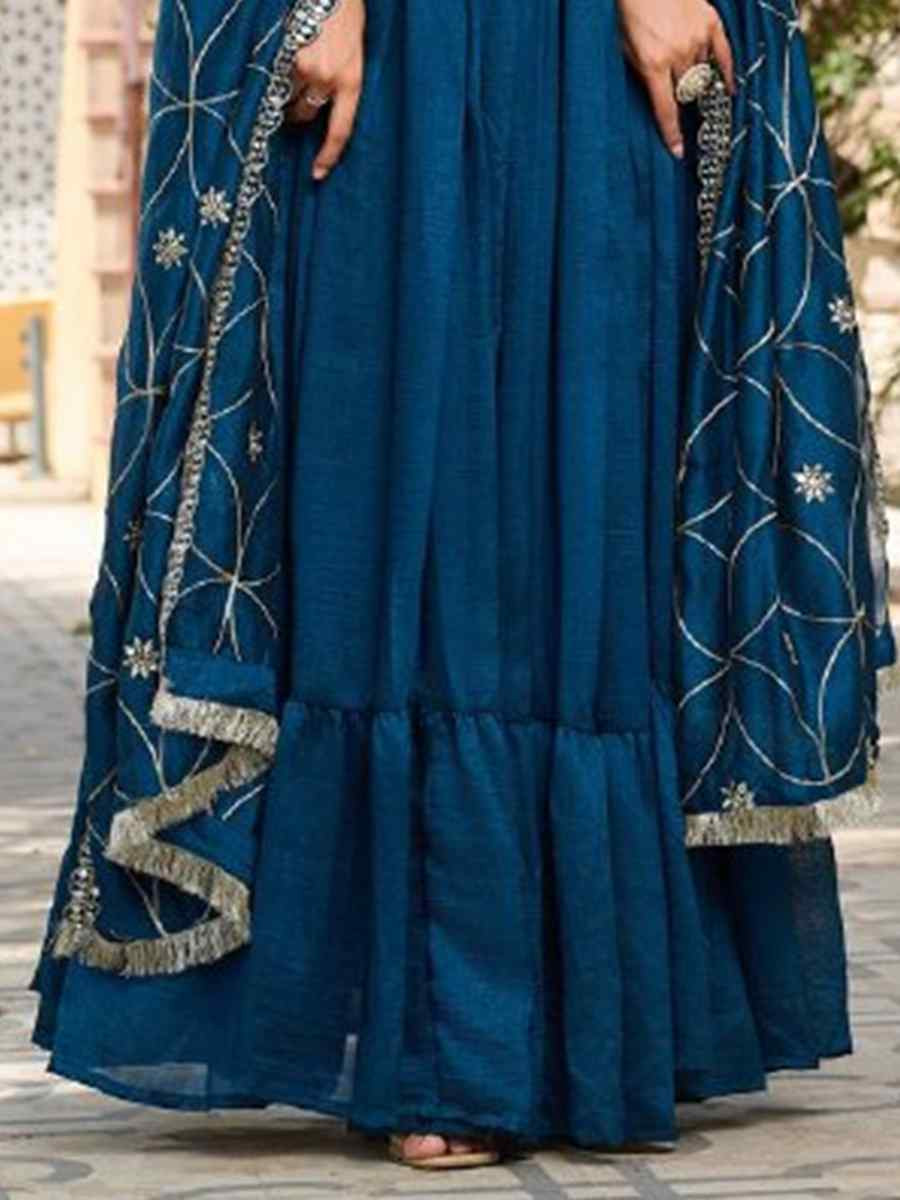 Teal Pure Vichitra Silk Embroidered Festival Casual Gown