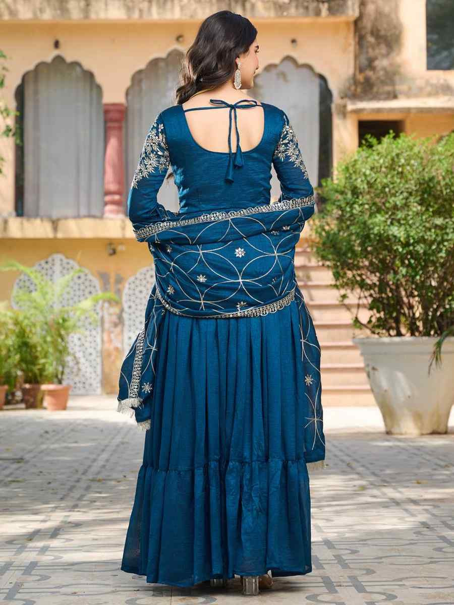 Teal Pure Vichitra Silk Embroidered Festival Casual Gown