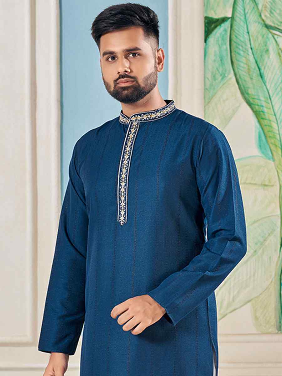 Teal Pure Viscose Embroidered Festival Casual Kurta