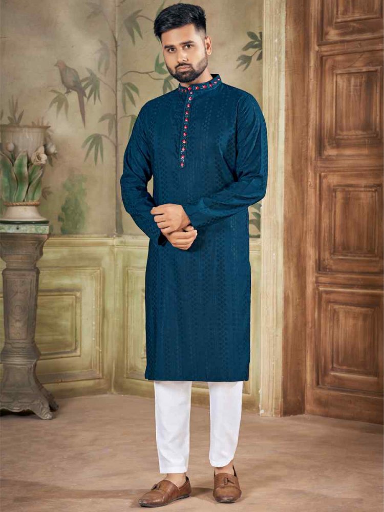 Teal Pure Viscose Embroidered Festival Casual Kurta