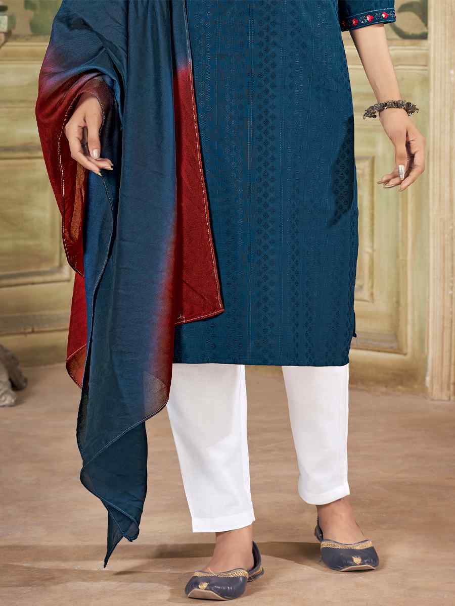 Teal Pure Viscose Embroidered Festival Casual Ready Pant Salwar Kameez