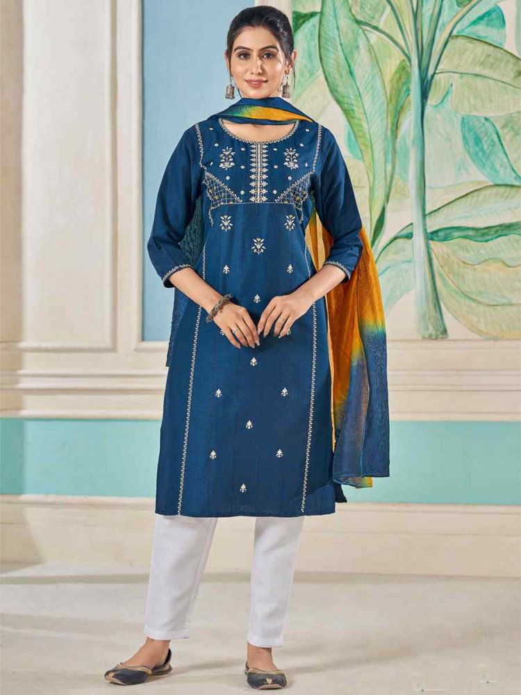 Teal Pure Viscose Embroidered Festival Casual Ready Pant Salwar Kameez