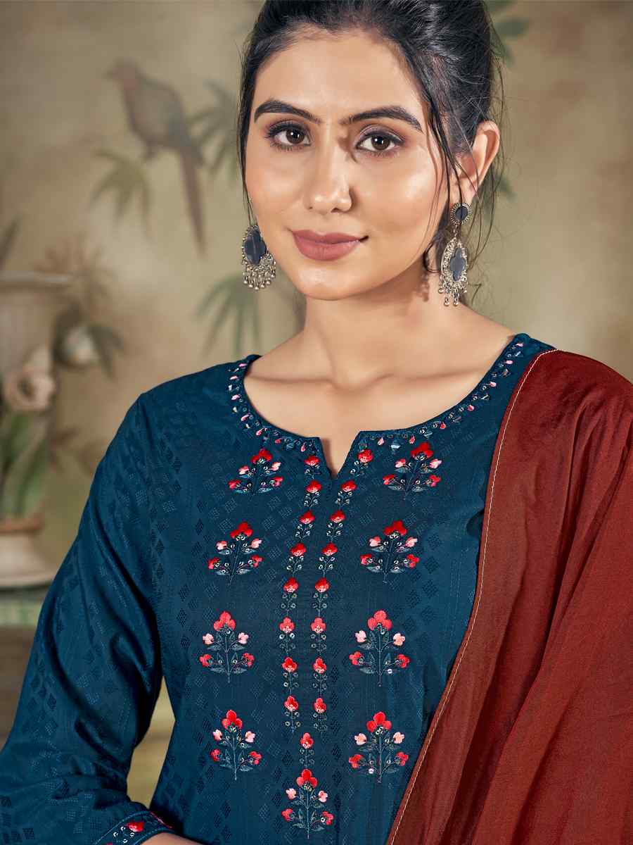 Teal Pure Viscose Embroidered Festival Casual Ready Pant Salwar Kameez
