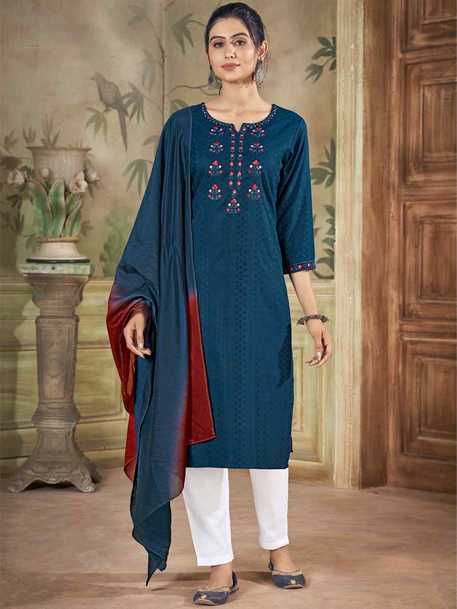Teal Pure Viscose Embroidered Festival Casual Ready Pant Salwar Kameez