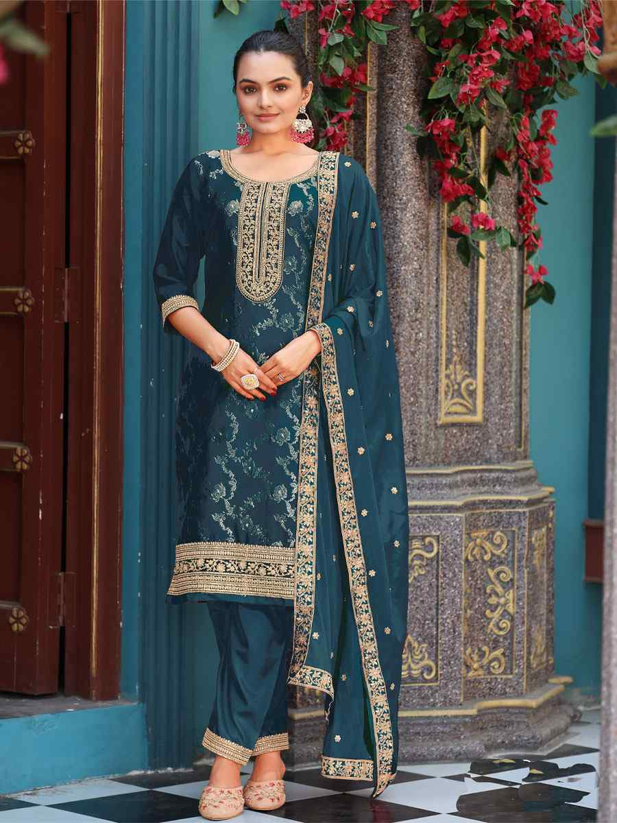 Teal Pure Viscose Jacquard Embroidery Party Wedding Festival Casual Ready Pant Salwar Kameez