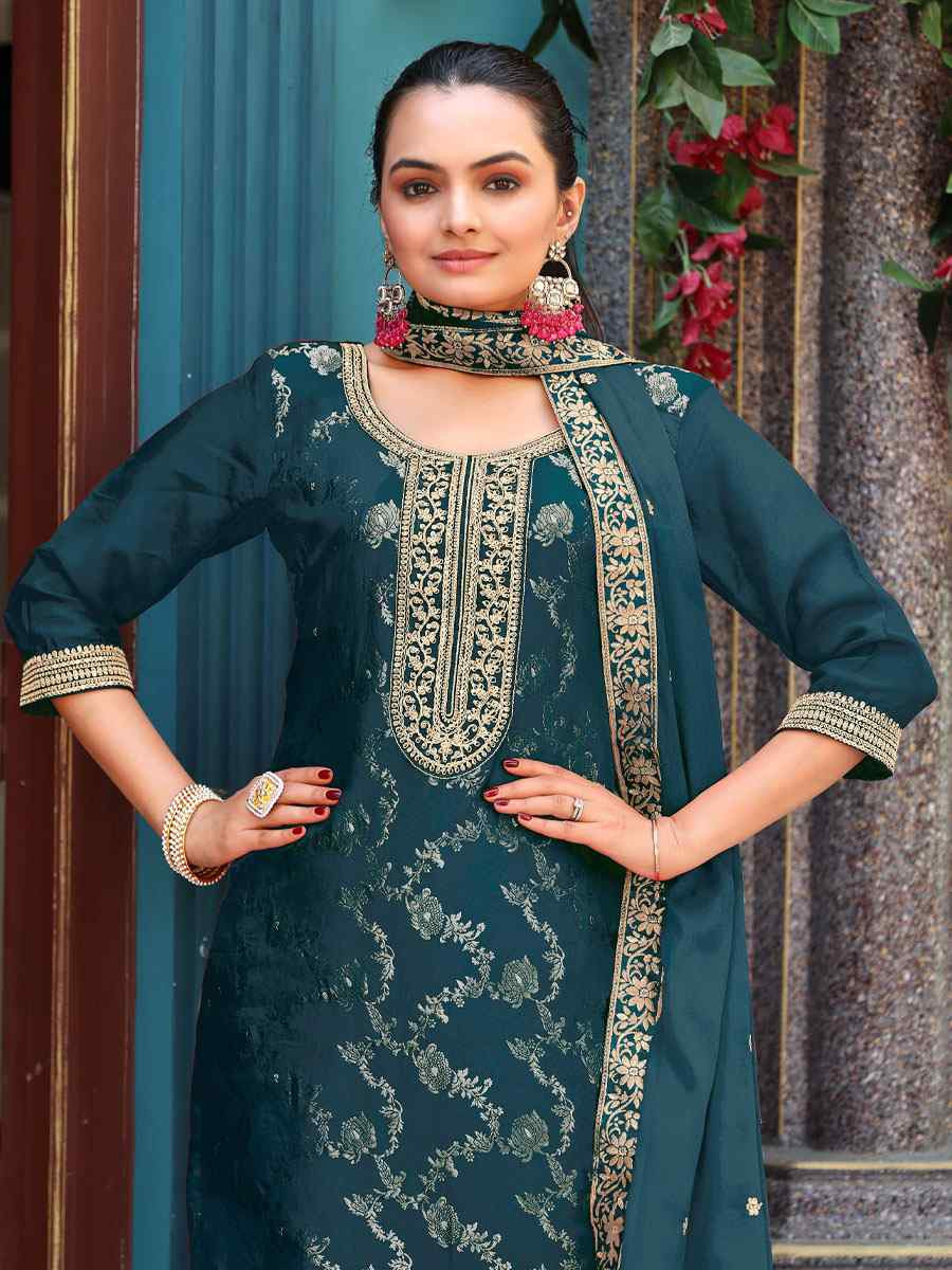 Teal Pure Viscose Jacquard Embroidery Party Wedding Festival Casual Ready Pant Salwar Kameez