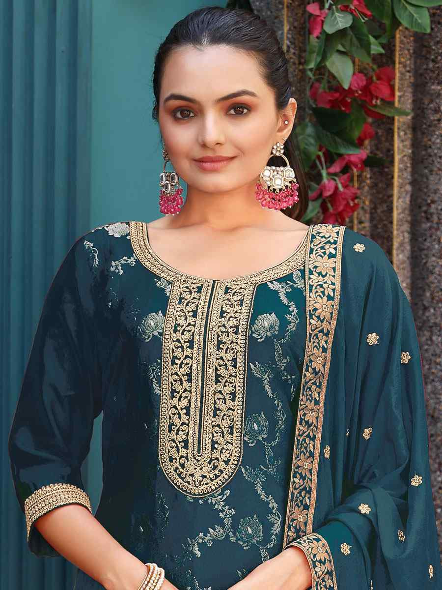 Teal Pure Viscose Jacquard Embroidery Party Wedding Festival Casual Ready Pant Salwar Kameez