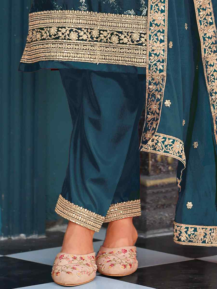 Teal Pure Viscose Jacquard Embroidery Party Wedding Festival Casual Ready Pant Salwar Kameez