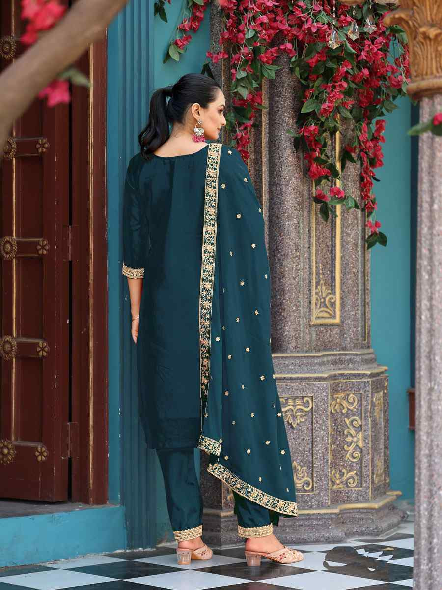 Teal Pure Viscose Jacquard Embroidery Party Wedding Festival Casual Ready Pant Salwar Kameez