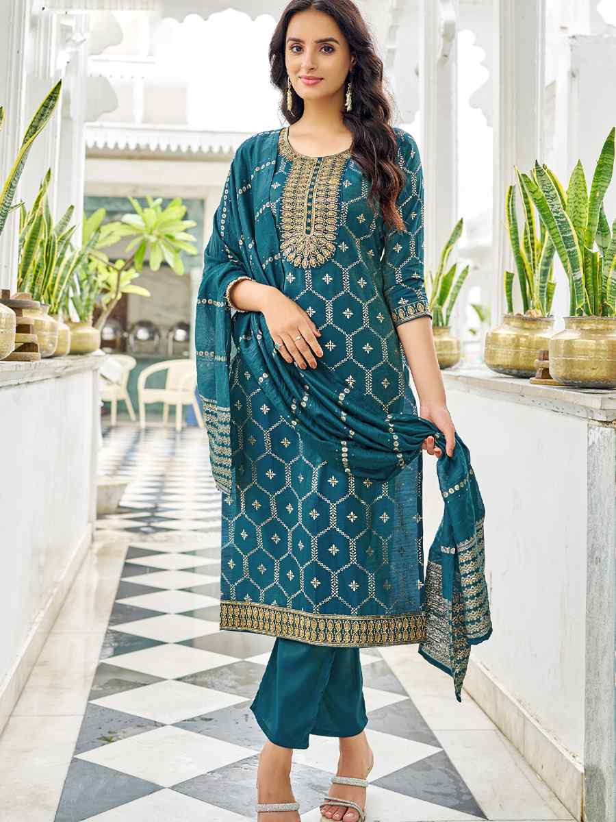 Teal Pure Viscose Simmer Roman Embroidery Party Wedding Festival Casual Ready Pant Salwar Kameez