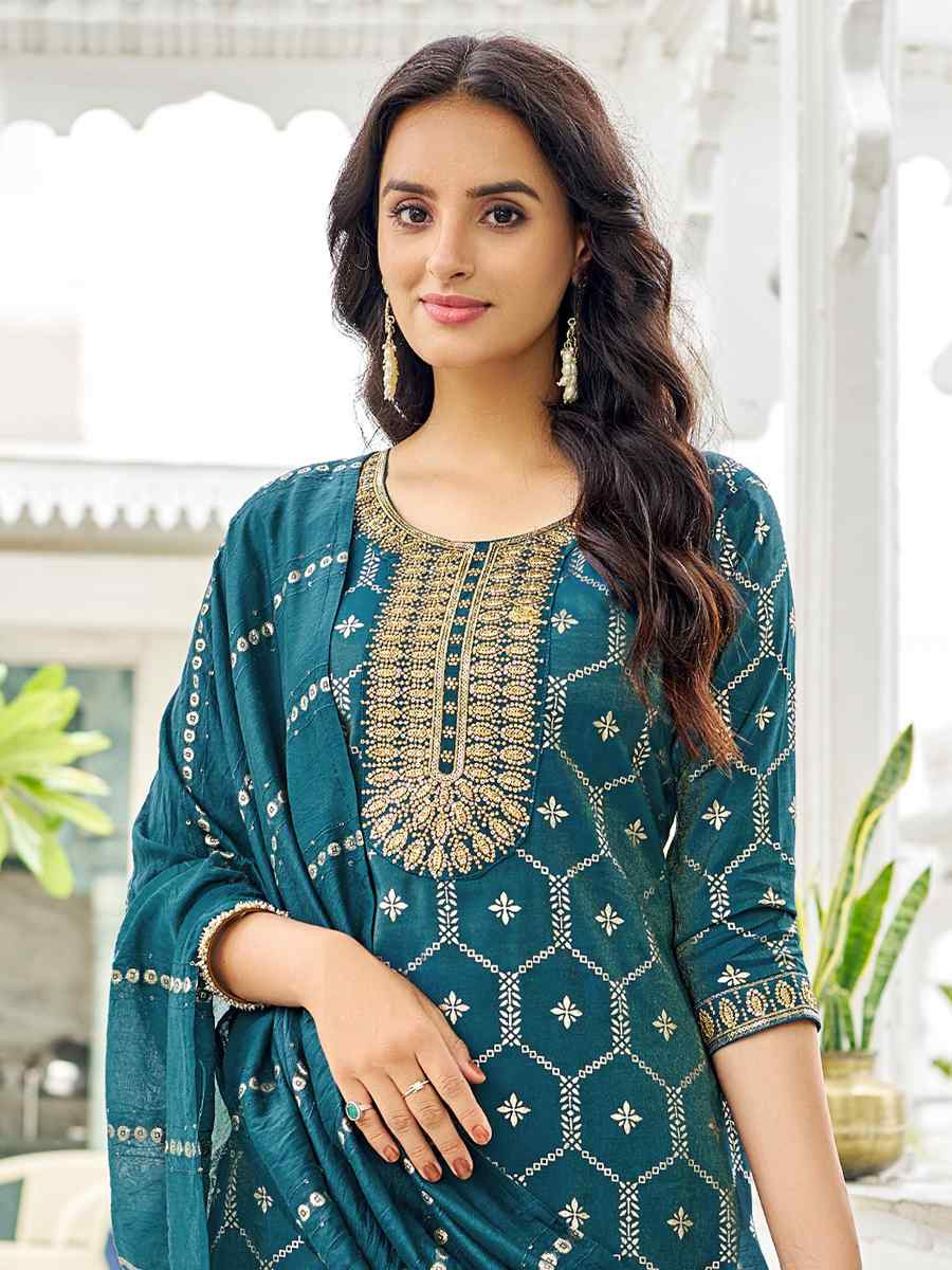 Teal Pure Viscose Simmer Roman Embroidery Party Wedding Festival Casual Ready Pant Salwar Kameez