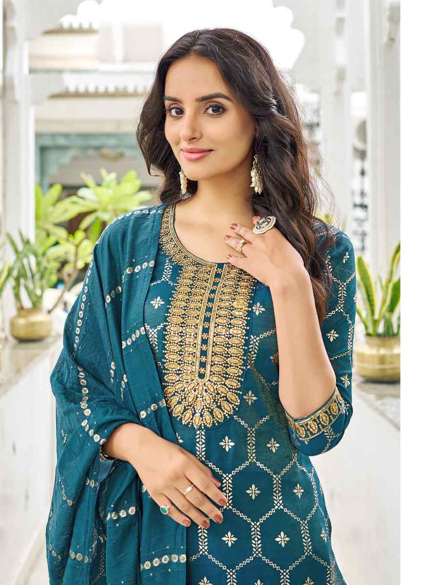 Teal Pure Viscose Simmer Roman Embroidery Party Wedding Festival Casual Ready Pant Salwar Kameez