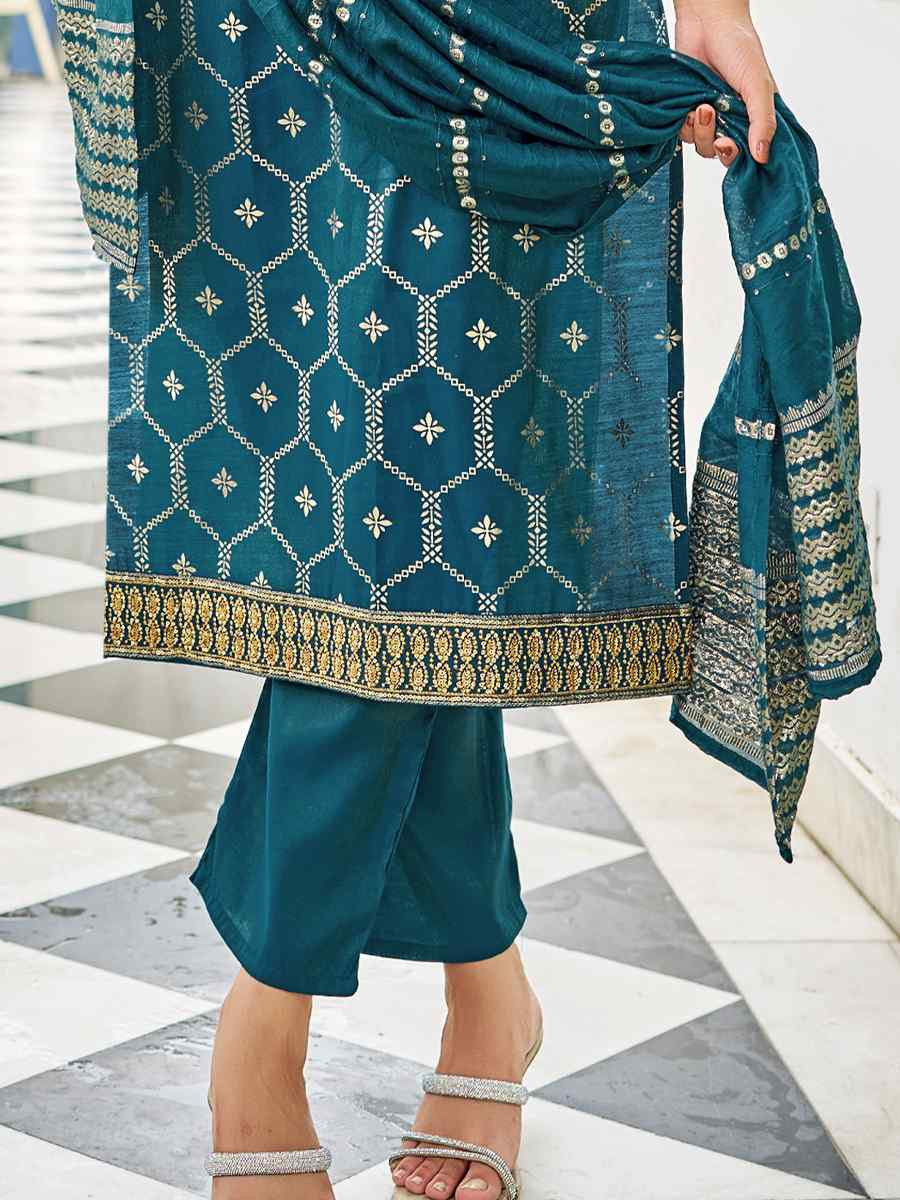 Teal Pure Viscose Simmer Roman Embroidery Party Wedding Festival Casual Ready Pant Salwar Kameez