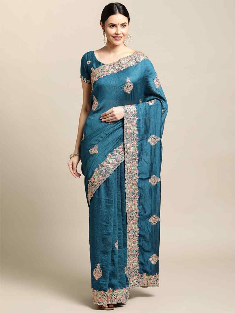 Teal Rangoli Silk Embroidered Festival Wedding Heavy Border Saree